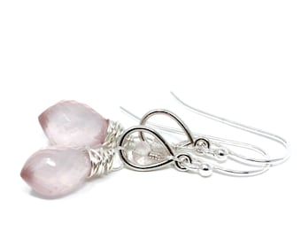 Rose Quartz Earrings Petite Pink Drop Teardrop Gemstone Earrings Sterling Silver