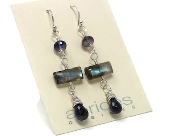 Labradorit Iolith Ohrhänger Sterling Silber Ohrhänger, Handgemacht von Aerides Designs