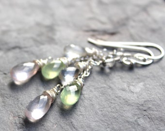 Multi Gemstone Earrings Sterling Silver Pale Pastel Pink Green Rose Quartz Prehnite Dangles