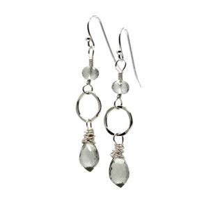 Green Amethyst Earrings Sterling Silver Hammered Circles Dangle Drop Gemstones image 1