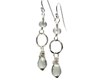 Green Amethyst Earrings Sterling Silver Hammered Circles Dangle Drop Gemstones