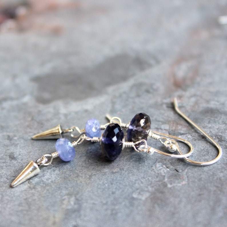 Iolite Earrings Sterling Silver Tanzanite Blue Gemestones with Dagger pointed drop dangles image 4