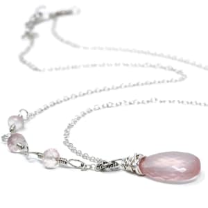 Rose Quartz Necklace Asymmetrical Beaded Pink Gemstone Necklace, Sterling Silver Wire Wrapped