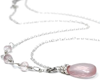 Rose Quartz Necklace Asymmetrical Beaded Pink Gemstone Necklace, Sterling Silver Wire Wrapped