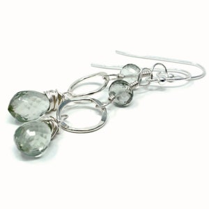 Green Amethyst Earrings Sterling Silver Hammered Circles Dangle Drop Gemstones image 3