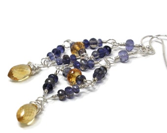 Iolite Earrings Multi Gemstone Sterling Silver Citrine Beaded Chandeliers