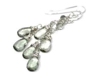 Handmade Green Amethyst Earrings Sterling Silver Prasiolite Briolette Dangle Cascade