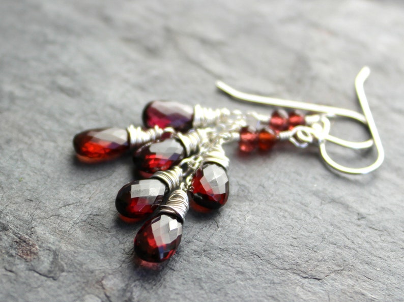 Garnet Earrings Red Gemstone Earrings Delicate Cascade Sterling Silver January Birthstone Earrings image 1