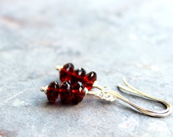 Garnet Earrings Sterling Silver Red Gemstone Stacked Beaded Earrings, January Birthstone