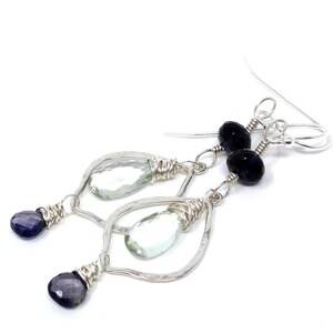 Green Amethyst Iolite Earrings Sterling Silver Hammered Lanterns Prasiolite Earrings image 2