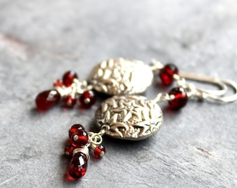 Statement Garnet Earrings Bali Beads Stars Long Dangling Red Gemstone Earrings Sterling Silver