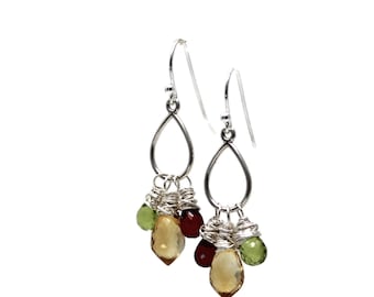 Multi Edelstein Ohrringe Sterling Silber Citrin Granat Peridot Handgemacht von Aerides Designs