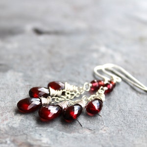 Garnet Earrings Red Gemstone Earrings Delicate Cascade Sterling Silver January Birthstone Earrings image 2