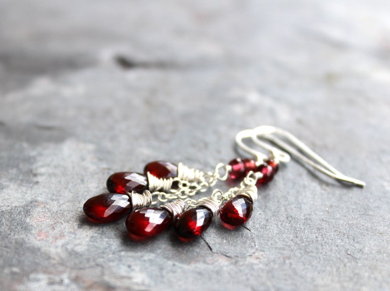 Garnet Earrings Red Gemstone Earrings Delicate Cascade Sterling Silver January Birthstone Earrings image 2
