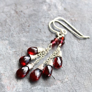 Garnet Earrings Red Gemstone Earrings Delicate Cascade Sterling Silver January Birthstone Earrings image 4