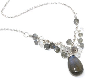 Labradorite Necklace Sterling Silver Gemstone Bib Moonstone Blue Grey Necklace Wire Wrapped