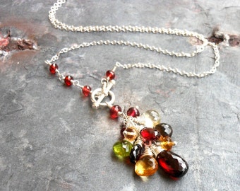 Gemstone Necklace Garnet Multi Stone Sterling Silver Toggle Clasp Front Close, wire wrapped Cluster