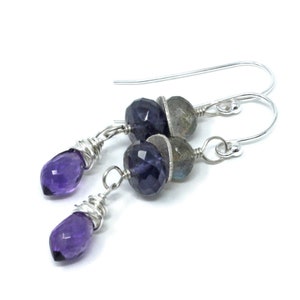 Amethyst Earrings Multi Gemstone Sterling Silver Iolite Labradorite Beaded Dangles Bild 4