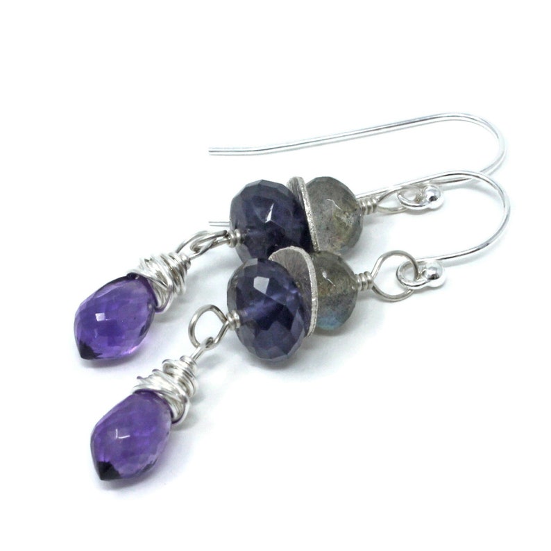 Amethyst Earrings Multi Gemstone Sterling Silver Iolite Labradorite Beaded Dangles Bild 4