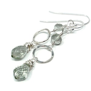 Green Amethyst Earrings Sterling Silver Hammered Circles Dangle Drop Gemstones image 5