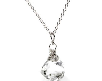 Trilliant Crystal Quartz Necklace: Sterling Silver Faceted Pendant
