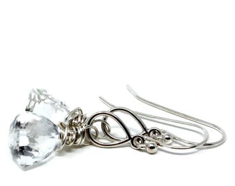 Sterling Silver Crystal Quartz Earrings: Trilliant Teardrop Stone