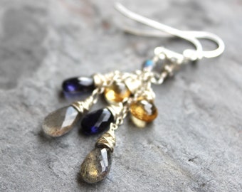 Labradorite Earrings Multi Gemstone Sterling Silver Citrine Iolite Cascade Dangles