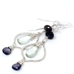 Green Amethyst Iolite Earrings Sterling Silver Hammered Lanterns Prasiolite Earrings image 3