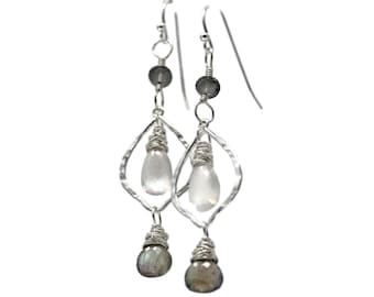 Labradorite Moonstone Earrings Sterling Silver Hammered Lanterns White Gray