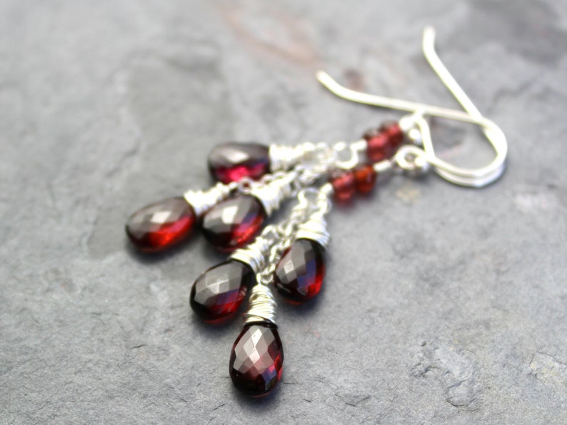 Garnet Earrings Red Gemstone Earrings Delicate Cascade Sterling Silver January Birthstone Earrings image 3