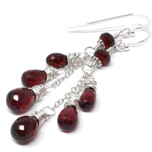 Boucles d'oreilles pendantes en grenat cascade, pierres précieuses rouges, argent sterling, pierres à facettes image 5