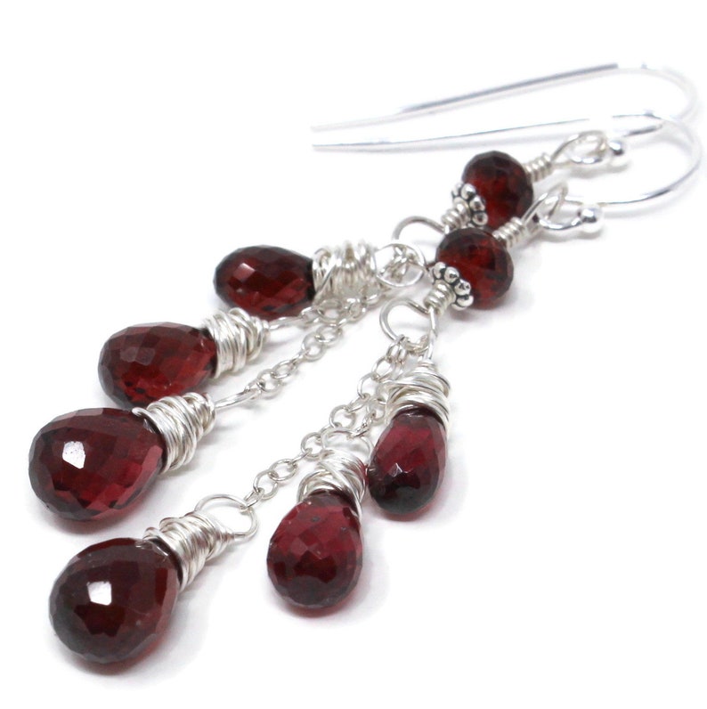 Boucles d'oreilles pendantes en grenat cascade, pierres précieuses rouges, argent sterling, pierres à facettes image 5