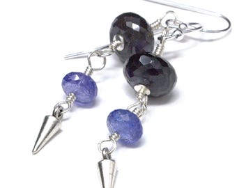 Iolite Earrings Sterling Silver Tanzanite Blue Gemestones with Dagger pointed drop dangles