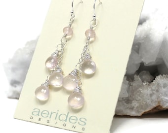 Rose Quartz Gemstone Earrings Sterling Silver Pale Pink Cascade, Handmade