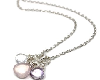 Pink Gemstone Necklace Amethyst Rose Quartz Trio Briolettes Sterling Silver Pendant Necklace