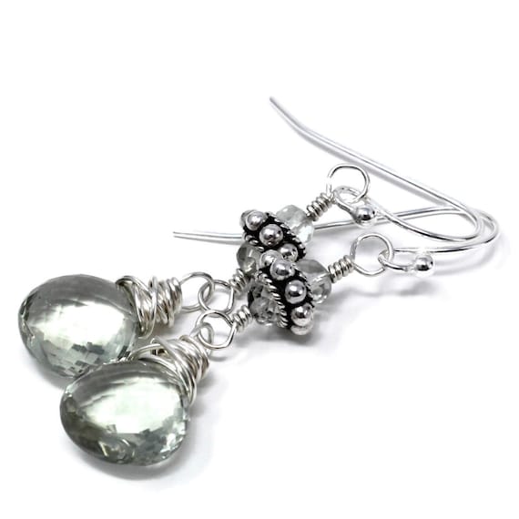 Green Amethyst Earrings Dangle Sterling Silver, Prasiolite Briolette Earrings
