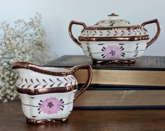 Copper Lustre Sugar Bowl & Creamer Set | Louis XV Cumbow Pink Floral Copper Lusterware