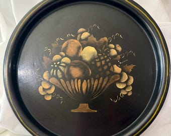Taca metalowa Toleware Vintage z 1952 roku w stylu francuskim, malowana ręcznie