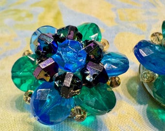 Vintage W Germany Glass Bead Cluster Clip On Earrings Blue Green AB Mid Century