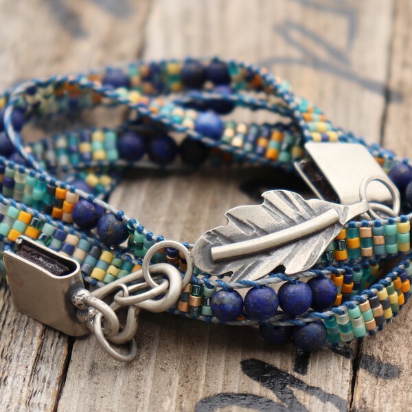 Colorful seed bead lapis lazuli beaded wrap bracelet sterling silver feather clasp