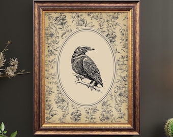 Vintage Raven Art Print | Gothic Fall & Halloween Wall Décor | Botanical Bird Poster | Cottagecore Rustic Nature Decor | Moody Wall Art |