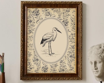 Vintage Crane & Floral Art Print | Botanical Flower Art Print | Vintage Floral Poster | Farmhouse Bird Artwork | Moody Vintage Art Print