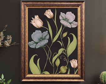 Botanical Flower Art Print | Floral Wall Art | Vintage Floral Poster | Farmhouse Flower Artwork | Moody Tulip & Poppy Art Print | Home Decor
