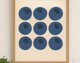 Blueberry Print, Kitchen Wall Art, Kitchen Wall Decor, Printable Wall Art, Eclectic Kitchen, Modern Fruit Print, Farmhouse Food Art, Trendy