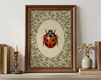 Vintage Ladybug Print, Botanical Art Print , Beetle Poster , Cottagecore, Moody Wall Art, Rustic Decor, Printable Wall Art, Digital Download