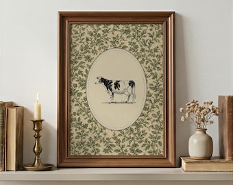 Vintage Farm Cow Art Print | Botanical Art Print | Farmhouse | Cottagecore | Kitchen Print | Farm Animal Wall Art |Rustic Nature Decor