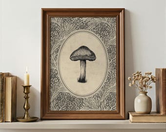 Vintage Floral Mushroom Art Print | Botanical Art Print | Vintage Fungi Poster | Cottagecore Decor | Moody Wall Art | Rustic Nature Decor