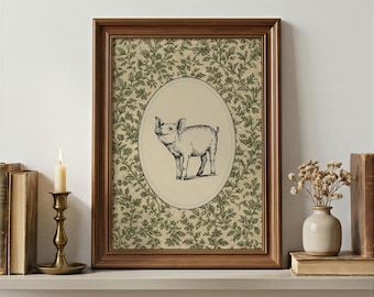 Vintage Pig Art Print | Botanical Art Print | Farmhouse | Cottagecore | Kitchen Print | Farm Animal Wall Art |Rustic Nature Decor