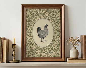 Vintage Chicken Art Print | Botanical Art Print | Farmhouse | Cottagecore | Kitchen Print | Moody Wall Art |Rustic Nature Decor