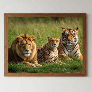 Amigos salvajes: león, guepardo y tigre | Póster de arte animal de alta resolución (A4 y más, formato JPEG) | Aprendizaje divertido para niños